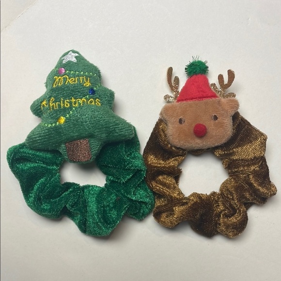 Christmas Tree and Reindeer Festive Holiday Scrunchies Set of 2 - Picture 1 of 5
